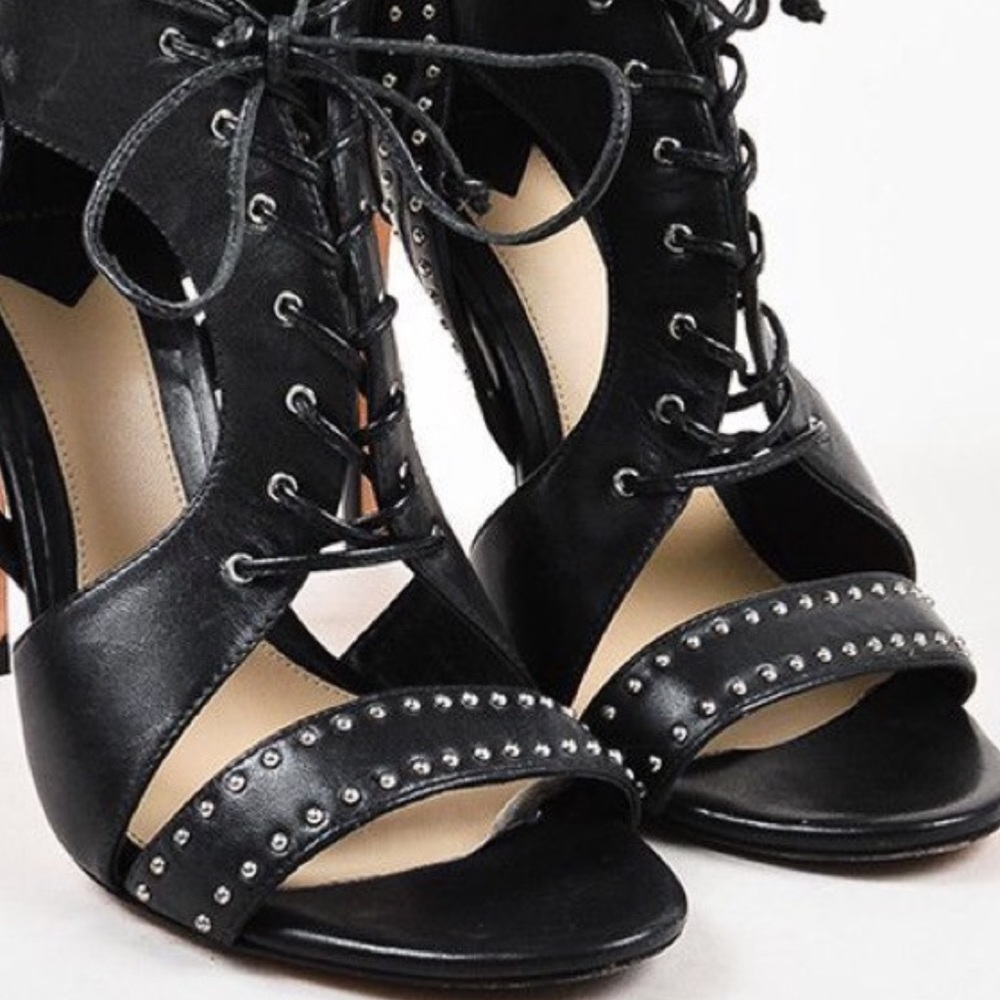 NWOT B Brian Atwood Black Leather Lusia Studded Lace Up Heels - Picture 2 of 12